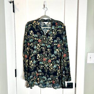 J. Jill Moody Floral Dark Florals Button-Up 100% Rayon Long Tunic Blouse Sz M